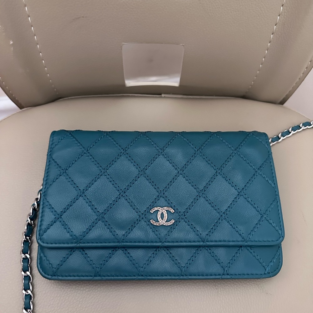 Chanel dark green calfskin double stitched wallet on chain (woc) with silver hw